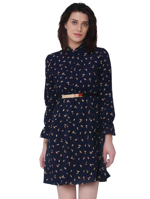 navy belted mandarin collar dress - 15836591 - Very Small Image - 1