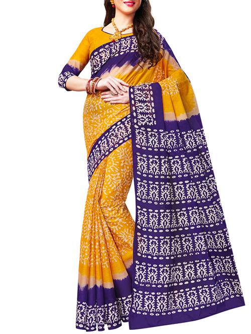 contrast border batik mustard printed saree with blouse - 15838613 - Very Small Image - 1