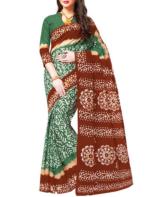 contrast border batik green printed saree with blouse - 15838617 - Very Small Image - 1