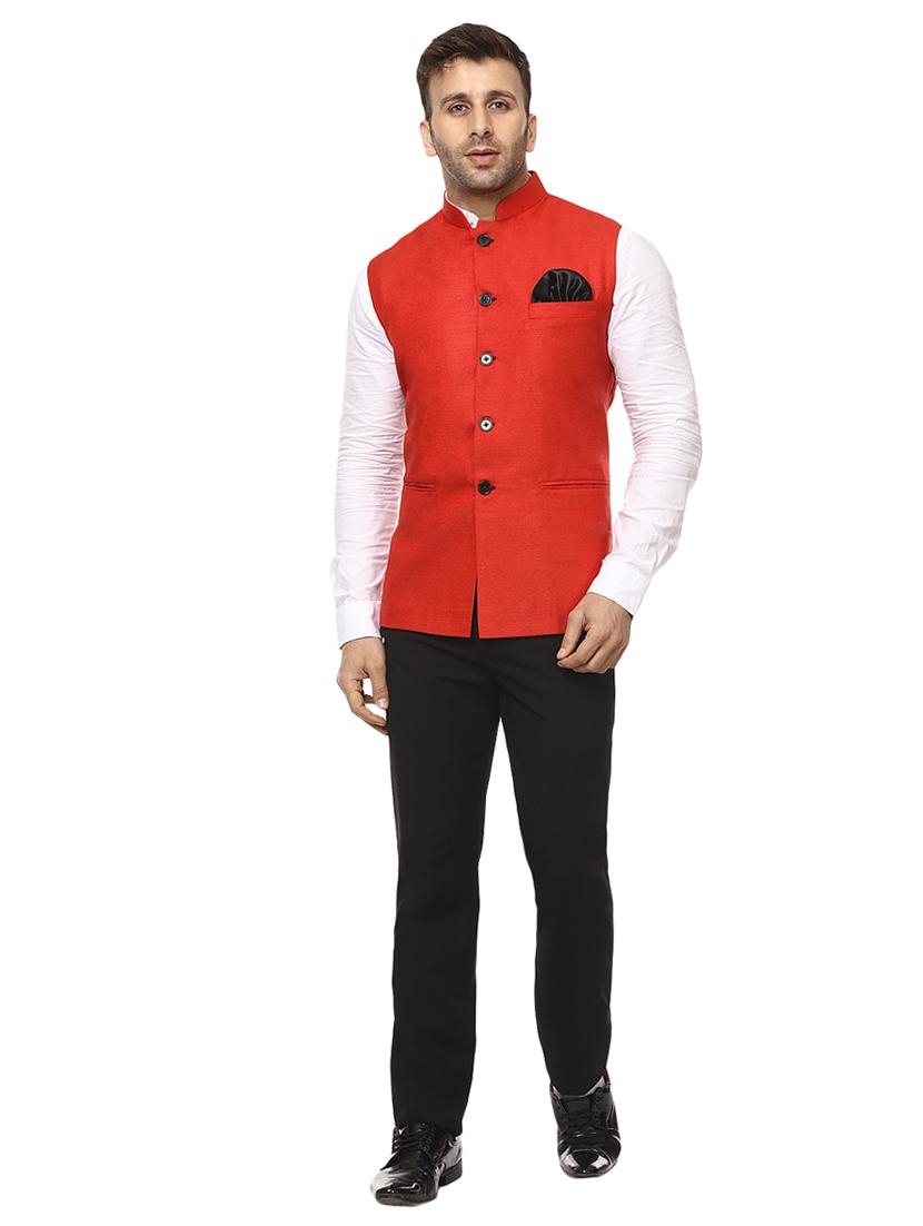 solid red nehru jacket - 15840492 - Zoom Image - 3