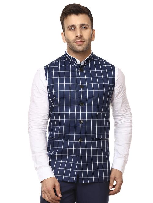 blue checkered nehru jacket - 15840500 - Very Small Image - 1