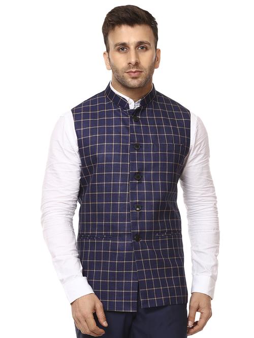 blue checkered nehru jacket - 15840501 - Very Small Image - 1