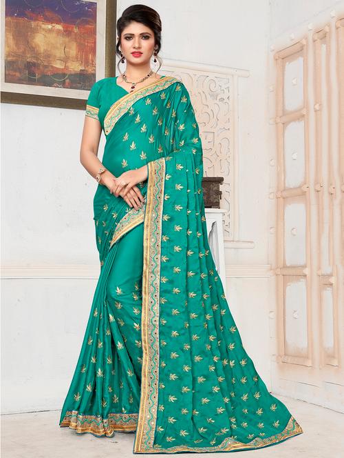 thread embroidered turquoise saree with blouse - 15840635 - Very Small Image - 1