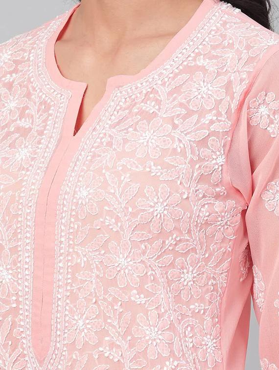 peach color georgette long women chikankari kurta - 15842063 - Zoom Image - 4