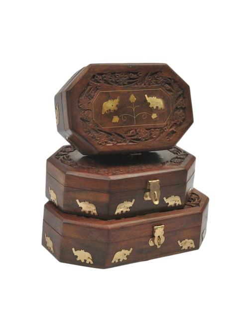 desi karigar wooden antique brown jewellery box with brass work set of 3 size lxbxh-8x5x2.5 inch - 15844950 - Very Small Image - 1