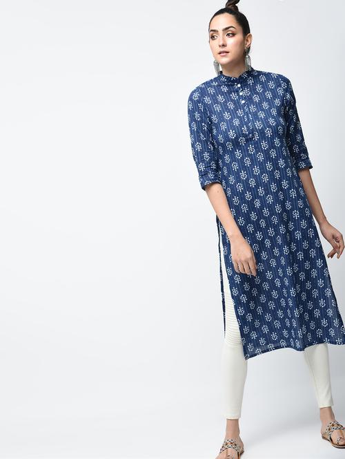 indigo printed straight  kurta - 15850157 - Very Small Image - 1