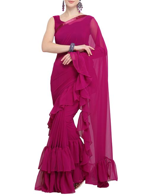 solid ruffled saree with blouse - 15852124 - Very Small Image - 1