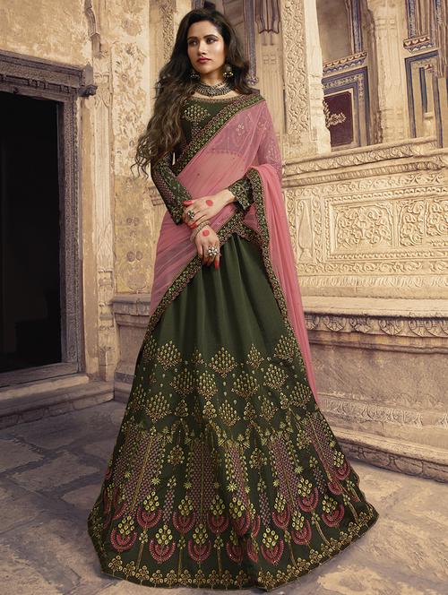 floral embroidered green flared lehenga - 15852223 - Very Small Image - 1