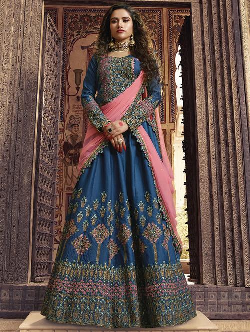 floral embroidered blue flared lehenga - 15852224 - Very Small Image - 1