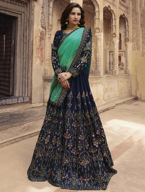 floral embroidered navy blue flared lehenga - 15852227 - Very Small Image - 1