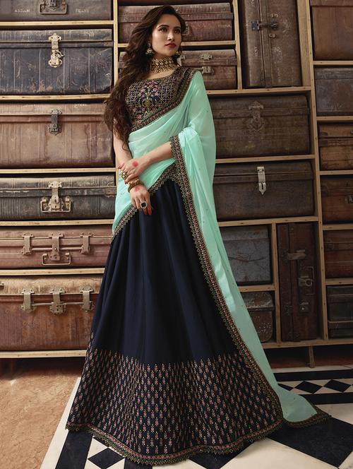 floral embroidered navy blue flared lehenga - 15852228 - Very Small Image - 1