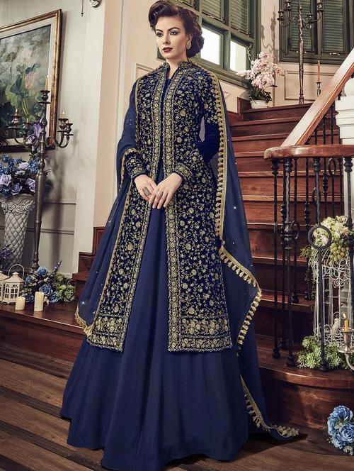 navy blue embroidered semi-stitched kurta skirt suit - 15852402 - Very Small Image - 1