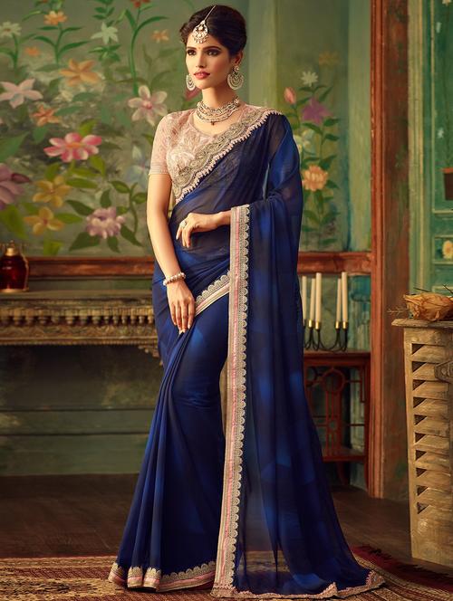 contrast border embroidered saree with blouse - 15853622 - Very Small Image - 1