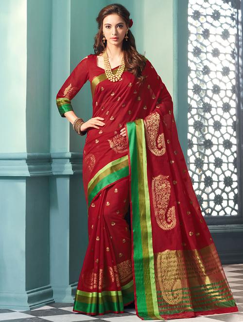 contrast border woven saree with blouse - 15853649 - Very Small Image - 1