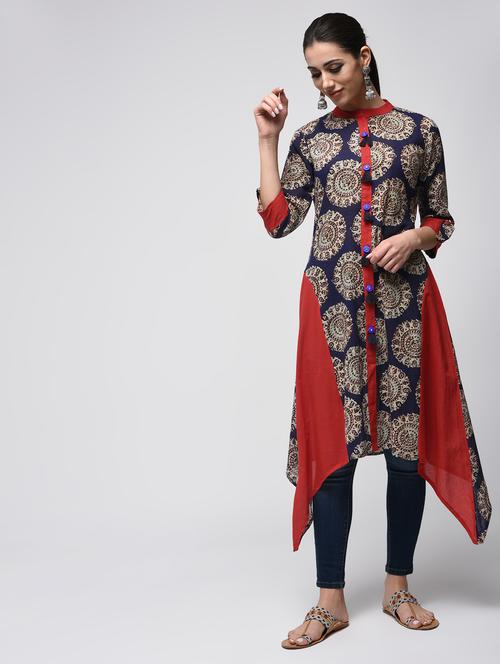 printed asymmetric kurta with tassels - 15858489 - Very Small Image - 1
