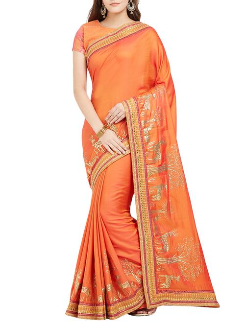 foil printed orange embroidered saree with blouse - 15860043 - Very Small Image - 1