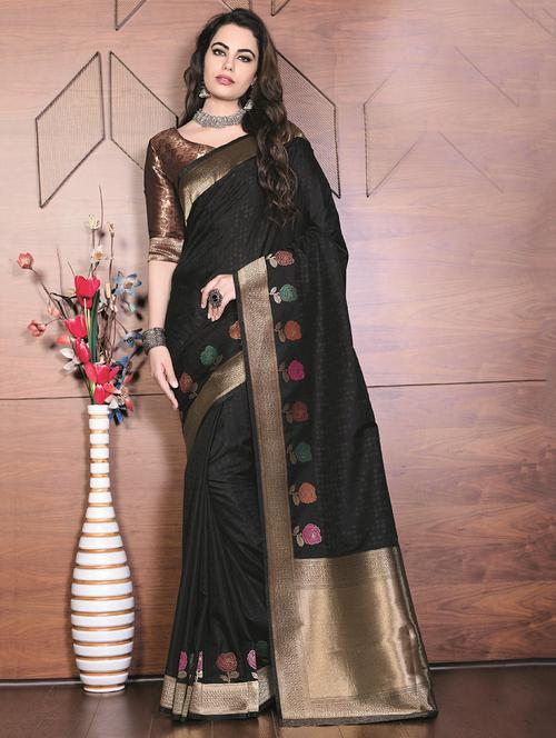 floral zari motif banarasi saree with blouse - 15867254 - Very Small Image - 1