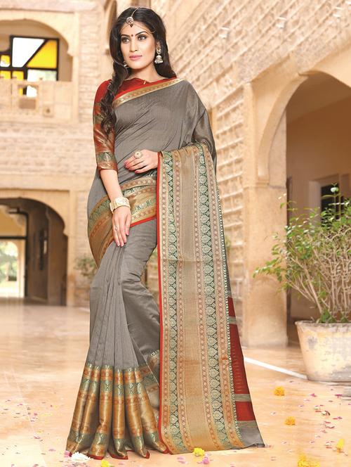 zari border grey banarasi saree with blouse - 15867259 - Very Small Image - 1