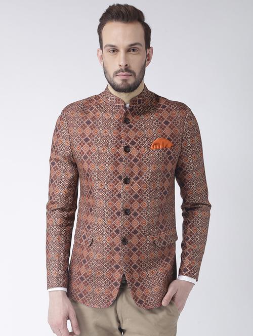 brown polyester single breasted bandhgala blazer - 15867772 - Very Small Image - 1