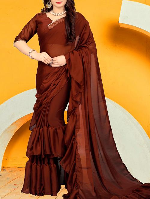 pearl ruffle border brown saree with blouse - 15868277 - Very Small Image - 1