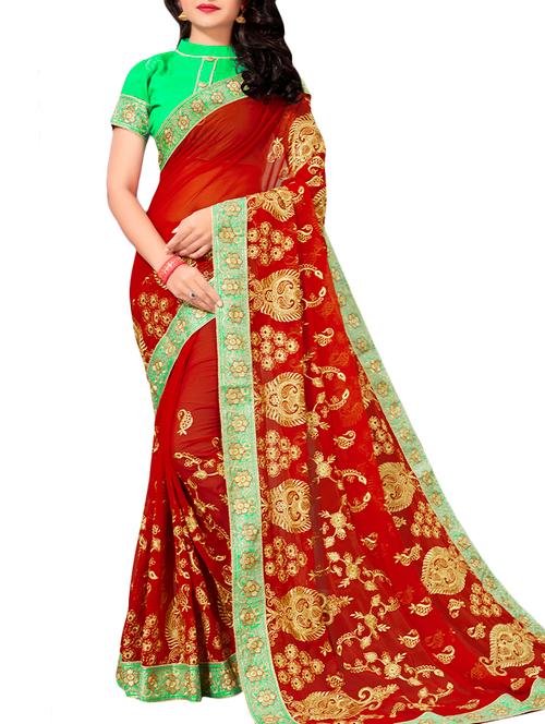 paisley red embroidered saree with blouse - 15873176 - Very Small Image - 1