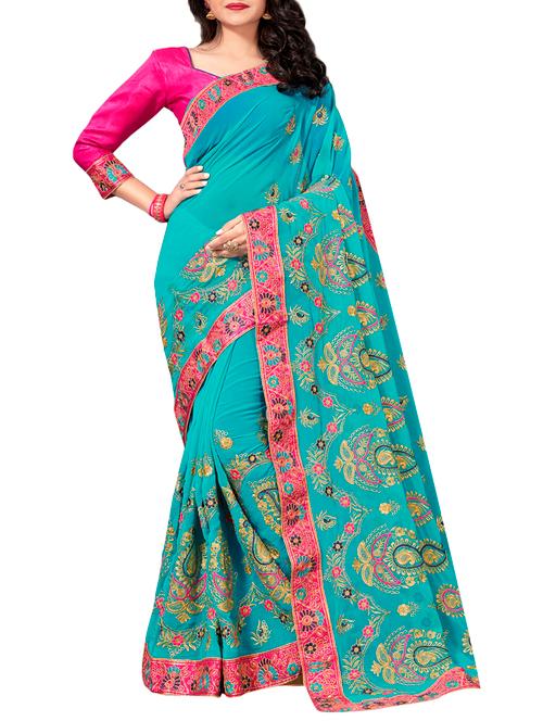 paisley sky blue embroidered saree with blouse - 15873178 - Very Small Image - 1