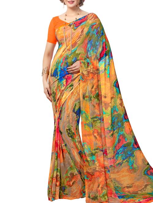 abstract printed orange saree with blouse - 15874883 - Very Small Image - 1