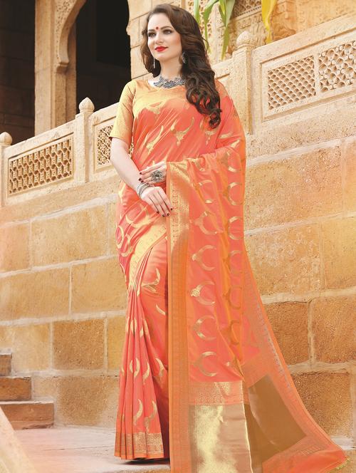 conversational zari motif peach banarasi saree with blouse - 15875516 - Very Small Image - 1