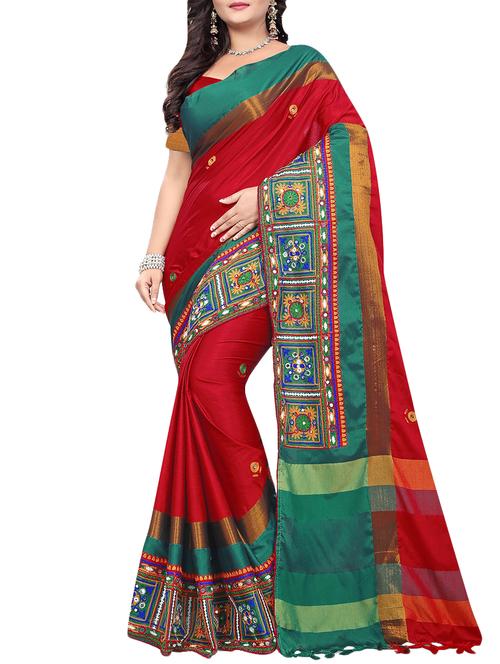 mirror work red embroidered saree with blouse - 15876868 - Very Small Image - 1