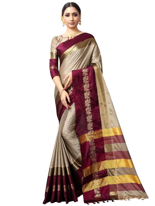 contrast zari border woven saree with blouse - 15877835 - Very Small Image - 1