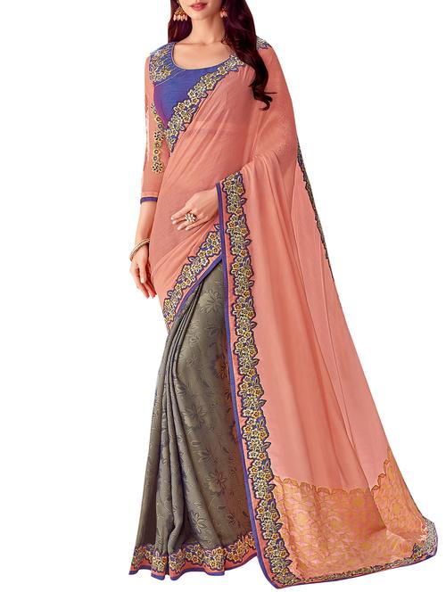 embroidered border solid saree with blouse - 15882582 - Very Small Image - 1