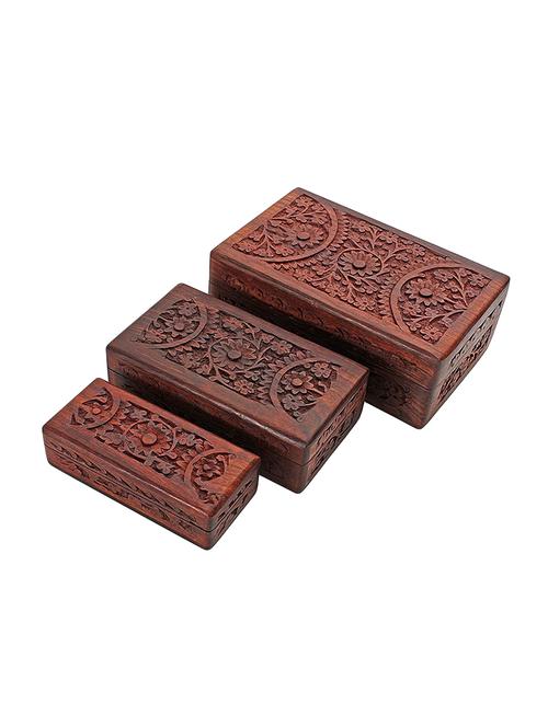 rosewood storage boxes set of 3 hand carved in floral design, home decor accessories - 15892896 - Very Small Image - 1
