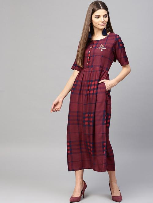 a-line checkered embroidered dress - 15894318 - Very Small Image - 1