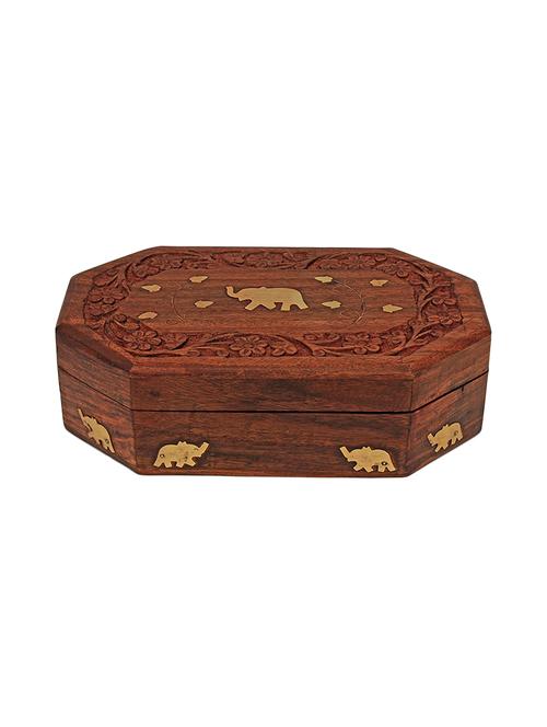 jewellery box rustic hand carved wooden chest (8 x 5) decorative keepsake with elephant brass inlay - 15894538 - Very Small Image - 1