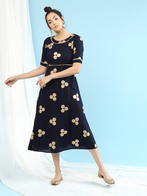 navy foil print gotta work kurta - 15897734 - Very Small Image - 1