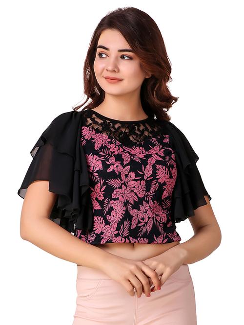 ruffle sleeved lace paneled crop top - 15903233 - Very Small Image - 1