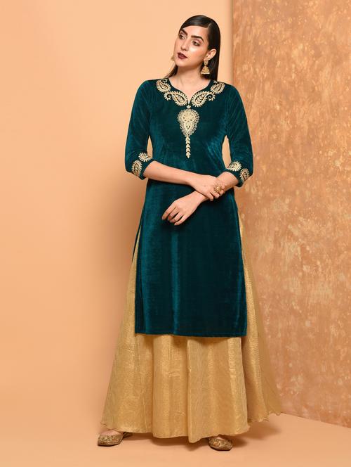 embroidered velvet straight kurta - 15906529 - Very Small Image - 1
