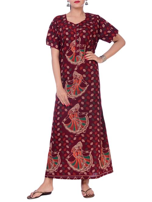 maroon sweetheart neck nightwear gown - 15908606 - Very Small Image - 1