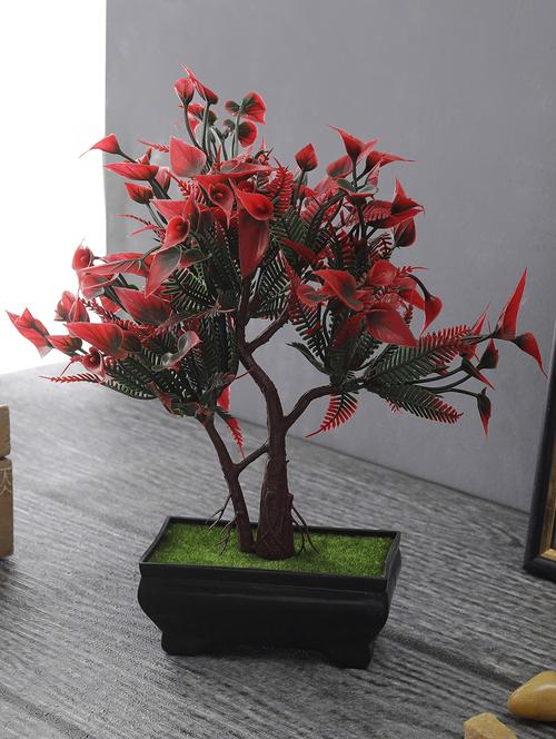 foliyaj artificial twin trunked bonsai tree with green red leaves and flowers - 15908687 - Very Small Image - 1