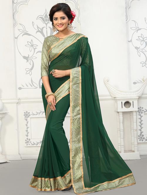 striped lace border bottle green saree with blouse - 15909145 - Very Small Image - 1