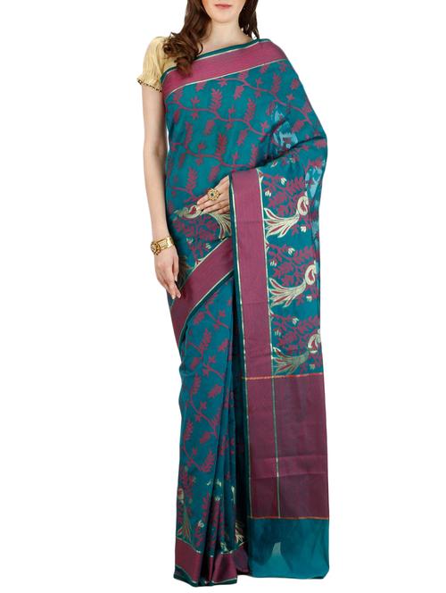 ethnic zari motif turquoise banarasi saree with blouse - 15909576 - Very Small Image - 1