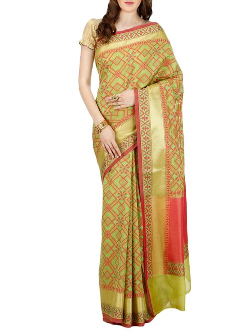 geometrical zari motif green banarasi saree with blouse - 15909584 - Very Small Image - 1