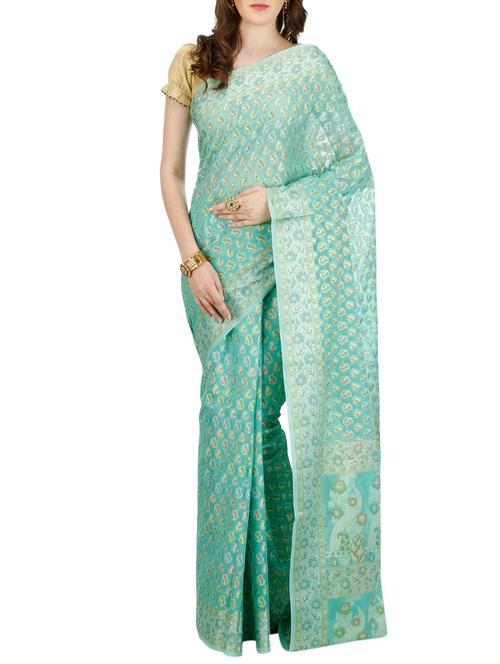 paisley zari motif turquoise banarasi saree with blouse - 15909614 - Very Small Image - 1