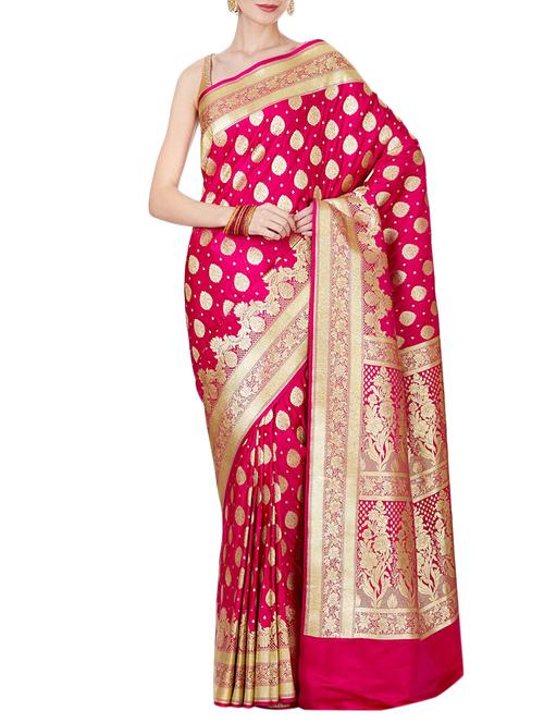 ethnic zari motif pink banarasi saree with blouse - 15909653 - Very Small Image - 1
