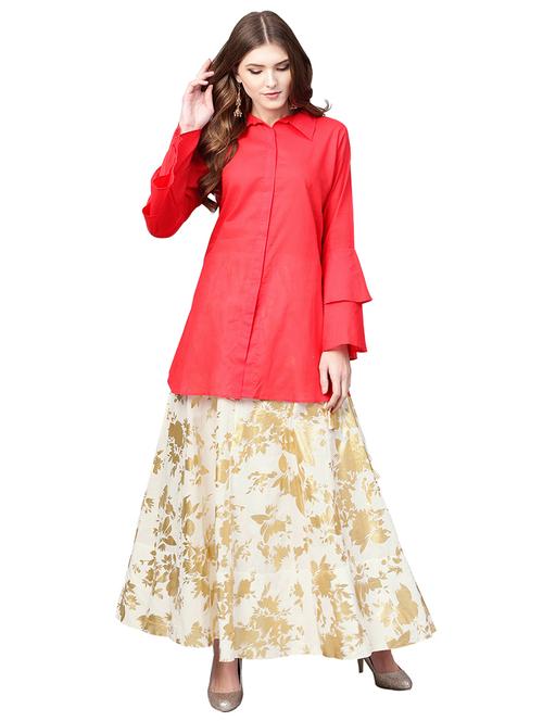 solid bell sleeved top with foil printed skirt set - 15911259 - Very Small Image - 1