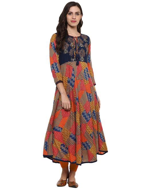 a-line printed kurta with tassels - 15911710 - Very Small Image - 1