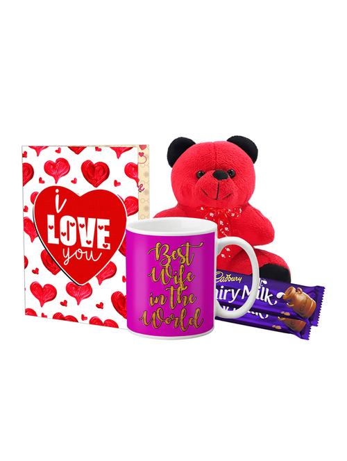 lof teddy bear, chocolates gift box, greeting card & mug combo - 15915237 - Very Small Image - 1