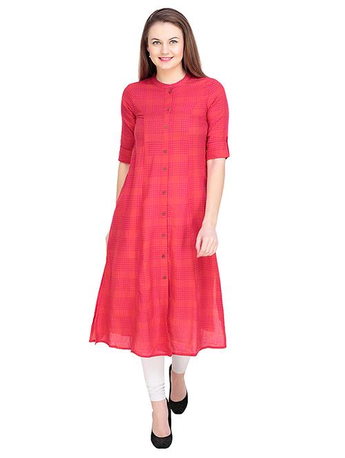 fuchsia checkered straight kurta with pocket - 15915460 - Very Small Image - 1