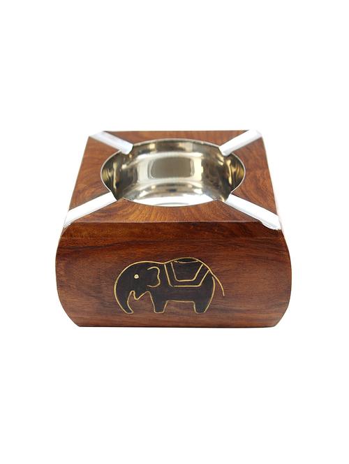desi karigar brown wood and steel ash tray with side strip design - 15916007 - Very Small Image - 1