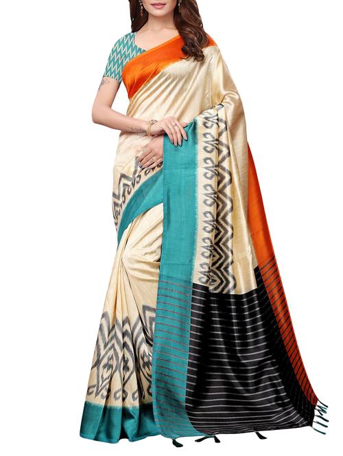 contrast striped border beige bhagalpuri saree with blouse - 15916639 - Very Small Image - 1